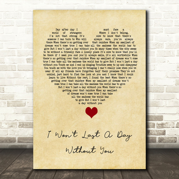 The Carpenters I Won't Last A Day Without You Vintage Heart Song Lyric Quote Music Print