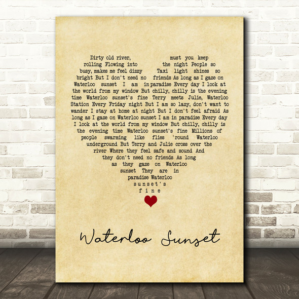 The Kinks Waterloo Sunset Vintage Heart Song Lyric Quote Music Print