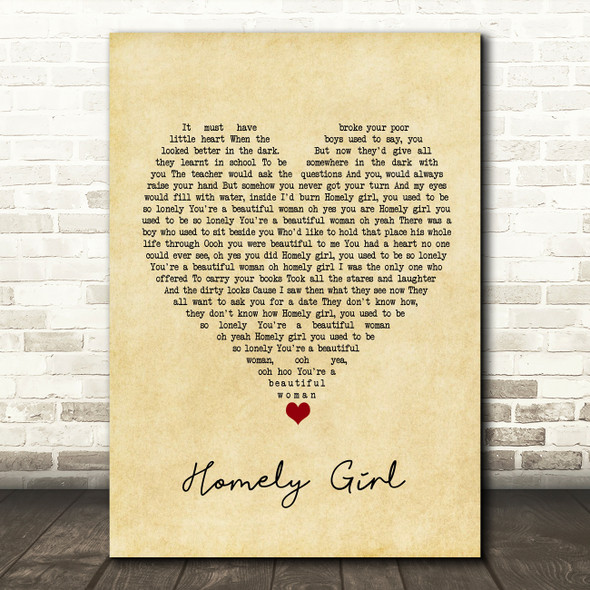 UB40 Homely Girl Vintage Heart Song Lyric Quote Music Print