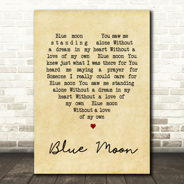Elvis Presley Blue Moon Vintage Heart Song Lyric Quote Print