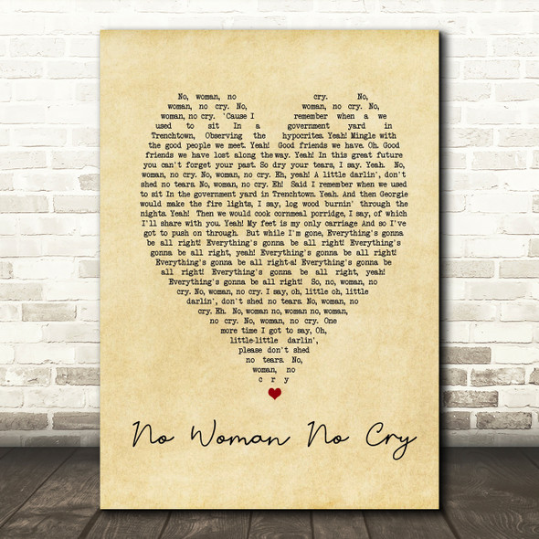 No Woman No Cry Bob Marley Vintage Heart Quote Song Lyric Print