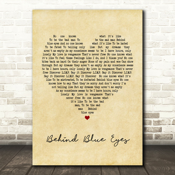 Limp Bizkit Behind Blue Eyes Vintage Heart Song Lyric Quote Print