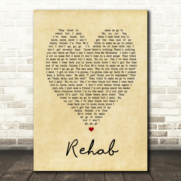 Rehab Amy Winehouse Vintage Heart Quote Song Lyric Print