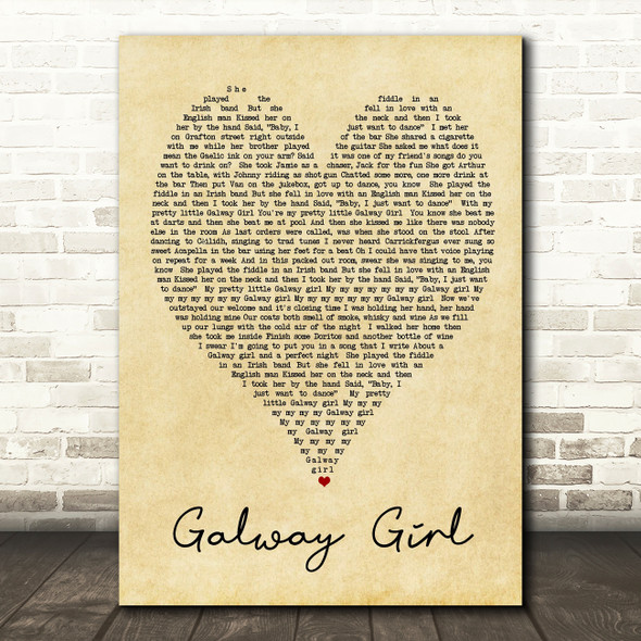 Galway Girl Ed Sheeran Vintage Heart Quote Song Lyric Print