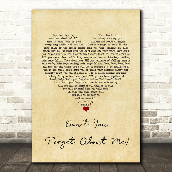 Simple Minds Don't You (Forget About Me) Vintage Heart Song Lyric Quote Print