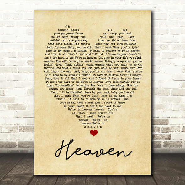 Heaven Bryan Adams Vintage Heart Quote Song Lyric Print