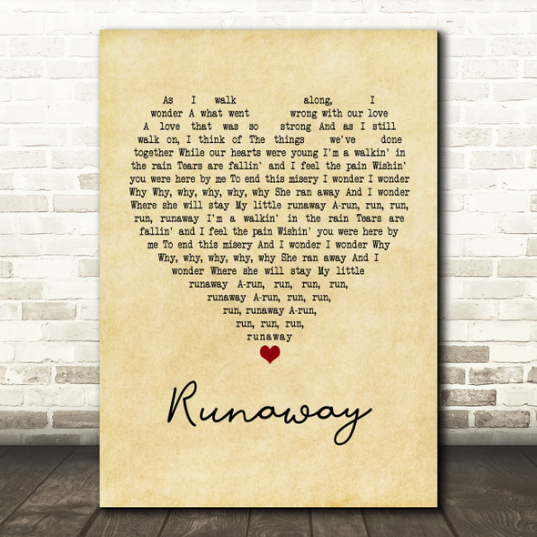 Del Shannon Runaway Vintage Heart Quote Song Lyric Print