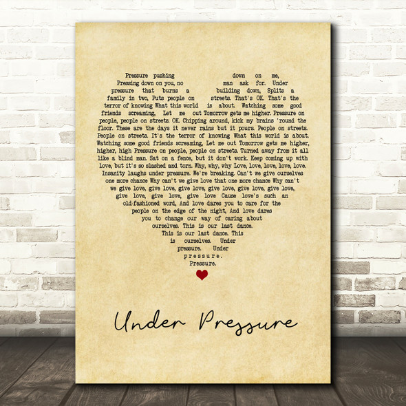 Queen & David Bowie Under Pressure Vintage Heart Quote Song Lyric Print