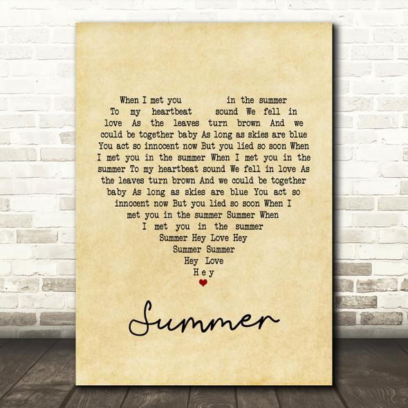 Calvin Harris Summer Vintage Heart Song Lyric Print