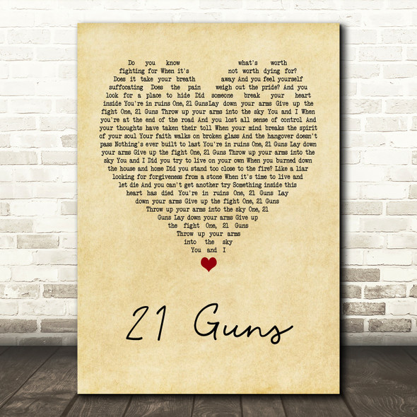 Green Day 21 Guns Vintage Heart Song Lyric Print