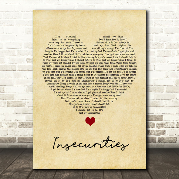 Jess Glynne Insecurities Vintage Heart Song Lyric Print