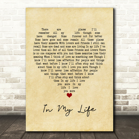 John Lennon In My Life Vintage Heart Song Lyric Print