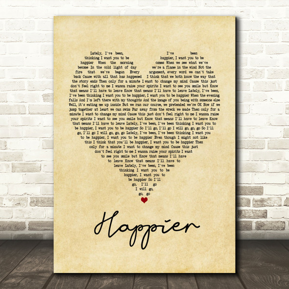 Marshmello & Bastille Happier Vintage Heart Song Lyric Print