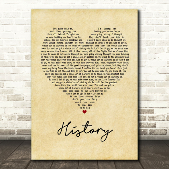 One Direction History Vintage Heart Song Lyric Print