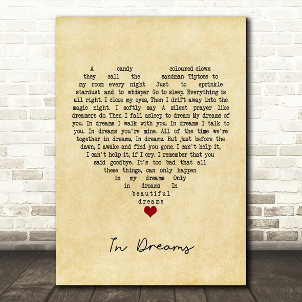 Roy Orbison In Dreams Vintage Heart Song Lyric Print