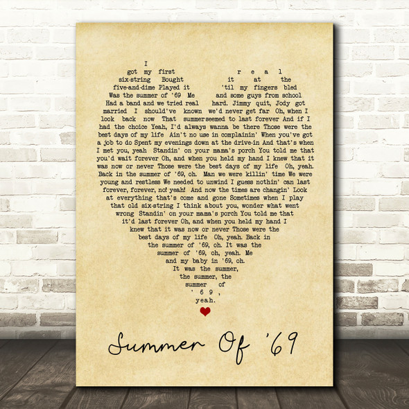 Summer Of '69 Bryan Adams Vintage Heart Quote Song Lyric Print
