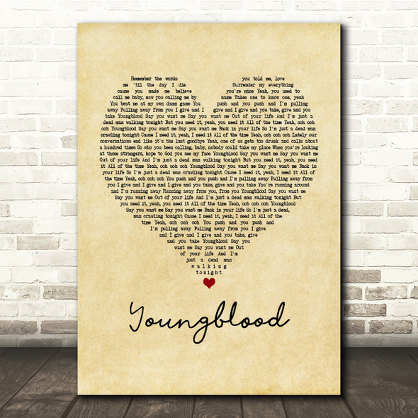 5 Seconds Of Summer Youngblood Vintage Heart Song Lyric Print