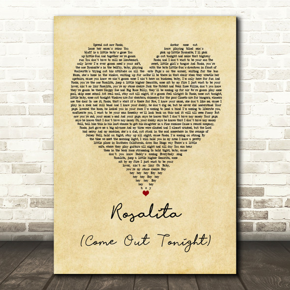 Bruce Springsteen Rosalita (Come Out Tonight) Vintage Heart Song Lyric Print