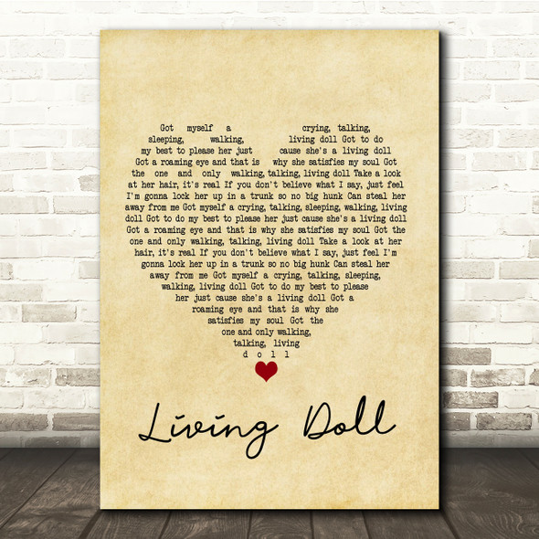 Cliff Richard and The Drifters Living Doll Vintage Heart Song Lyric Print