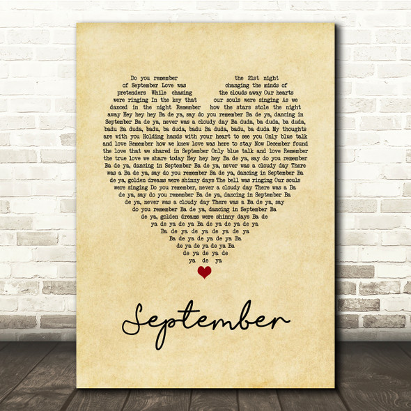 Earth, Wind & Fire September Vintage Heart Song Lyric Print