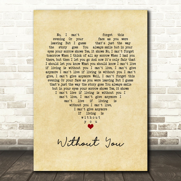 Harry Nilsson Without You Vintage Heart Song Lyric Print