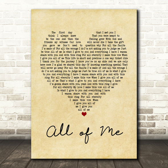 Mr. Blake All of Me Vintage Heart Song Lyric Print