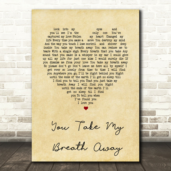 Queen You Take My Breath Away Vintage Heart Song Lyric Print