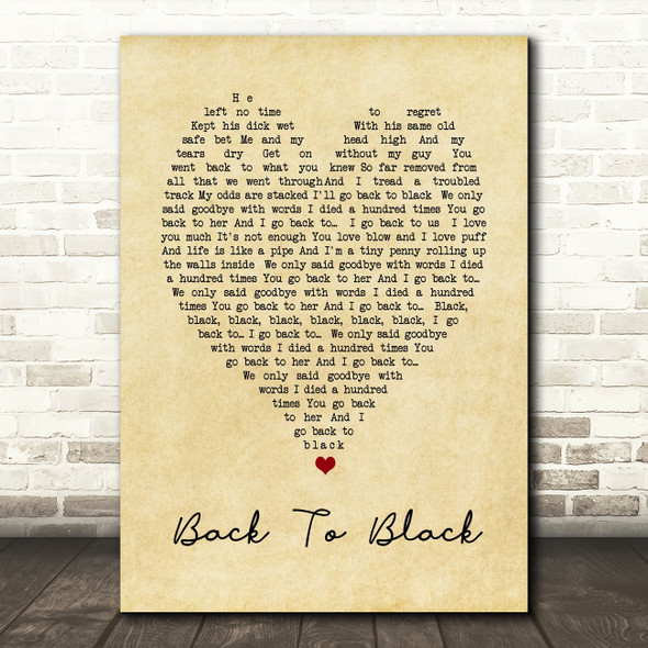 Back To Black Amy Winehouse Vintage Heart Quote Song Lyric Print