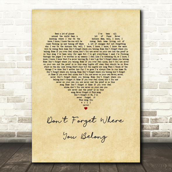 One Direction Don't Forget Where You Belong Vintage Heart Song Lyric Music Art Print