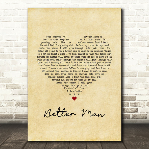 Robbie Williams Better Man Vintage Heart Song Lyric Music Art Print