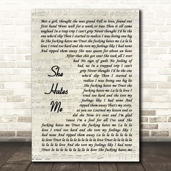 Puddle Of Mudd She Hates Me Vintage Script Song Lyric Print