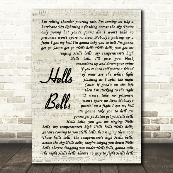 AC DC Hells Bells Vintage Script Song Lyric Quote Music Print