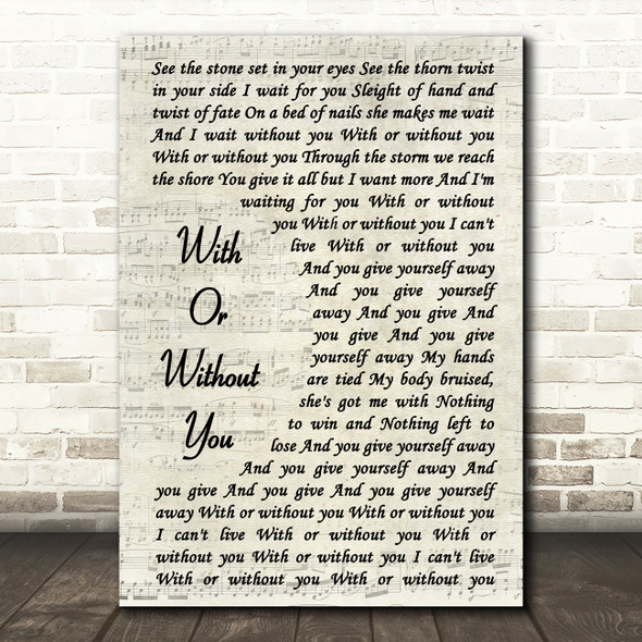 U2 With Or Without You Vintage Script Song Lyric Quote Print
