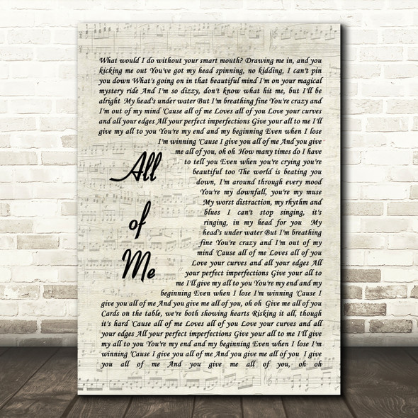 All Of Me John Legend Song Lyric Vintage Script Quote Print