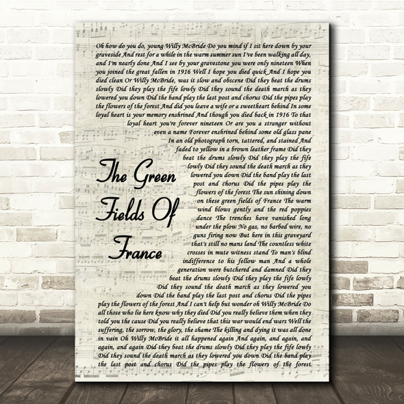 The Green Fields of France The Green Fields Of France Vintage Script Lyric Print