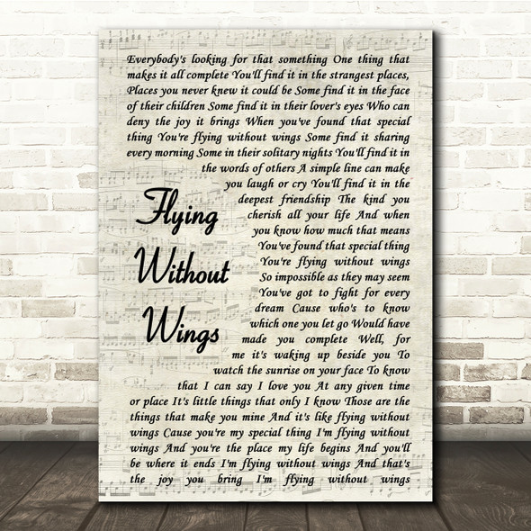 Westlife Flying Without Wings Vintage Script Song Lyric Quote Print