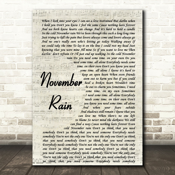 Guns N' Roses November Rain Song Lyric Vintage Script Quote Print