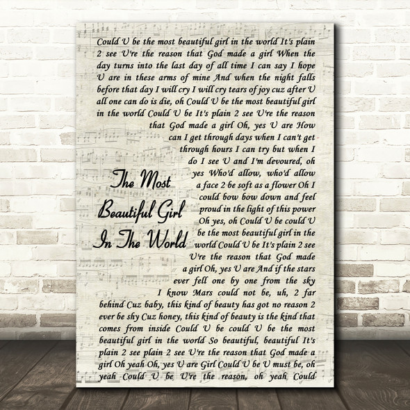 Prince The Most Beautiful Girl In The World Song Lyric Vintage Script Print