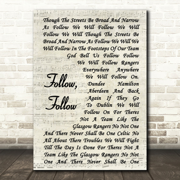 Glasgow Rangers Follow, Follow Vintage Script Song Lyric Print
