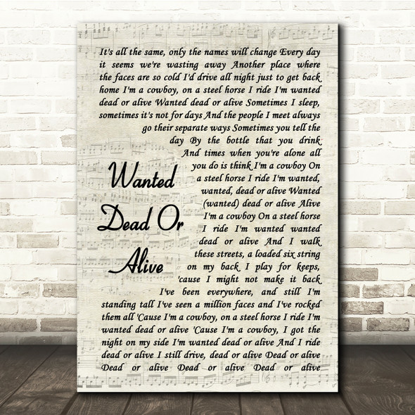 Bon Jovi Wanted Dead Or Alive Vintage Script Song Lyric Print