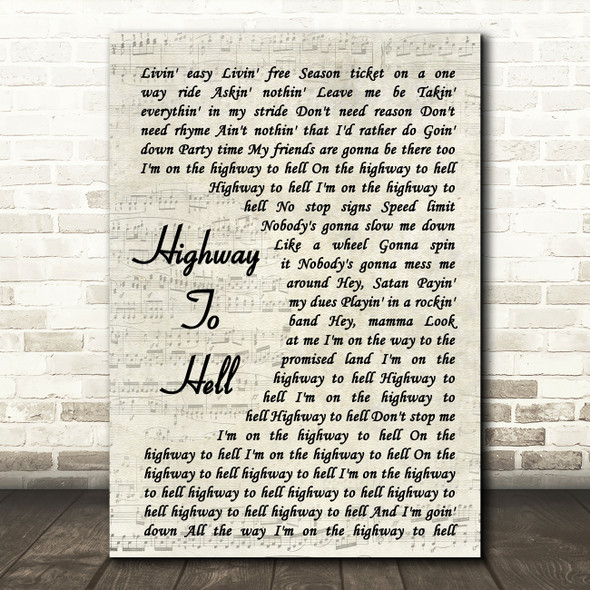 AC DC Highway To Hell Song Lyric Vintage Script Quote Print
