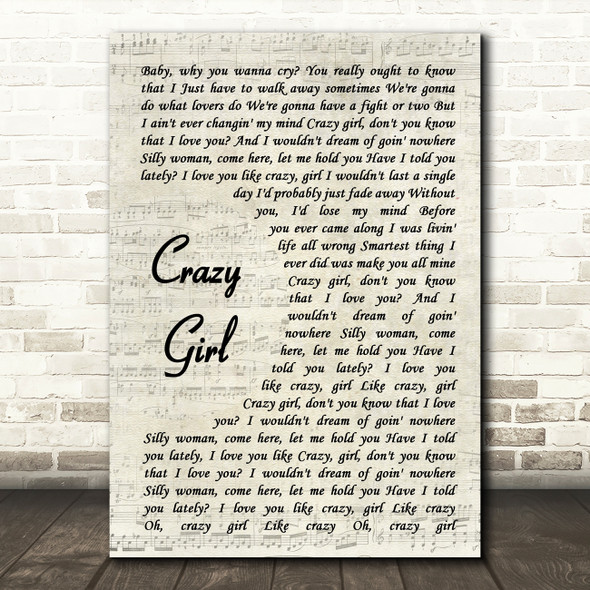 Eli Young Band Crazy Girl Song Lyric Vintage Script Quote Print