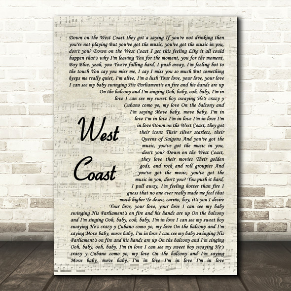 Lana Del Rey West Coast Vintage Script Song Lyric Music Art Print