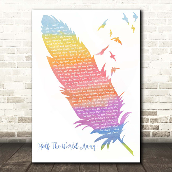 Oasis Half The World Away Watercolour Feather & Birds Song Lyric Print