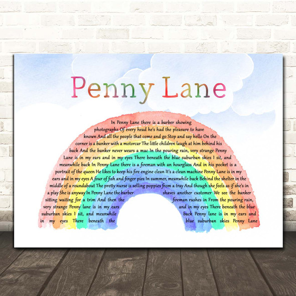 The Beatles Penny Lane Watercolour Rainbow & Clouds Song Lyric Print