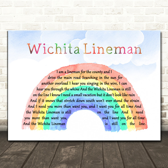 Glen Campbell Wichita Lineman Watercolour Rainbow & Clouds Song Lyric Wall Art Print