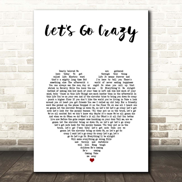 Prince And The Revolution Let's Go Grazy White Heart Song Lyric Print