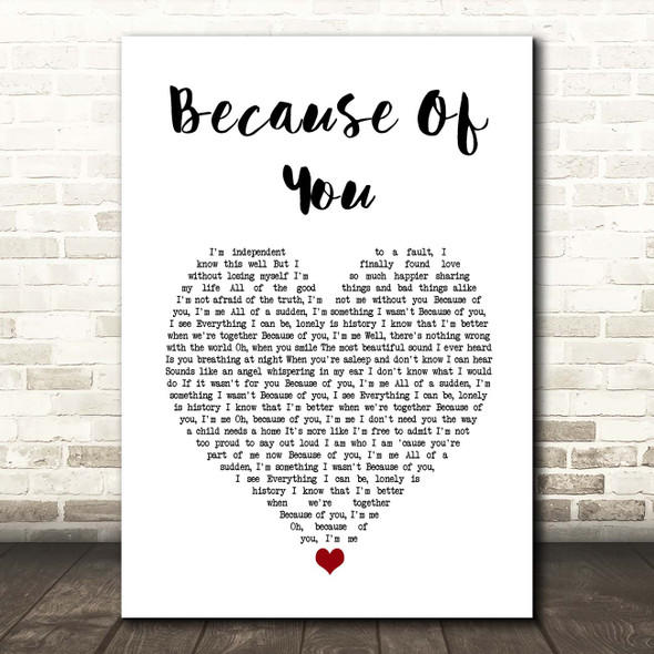 Shania Twain Because Of You White Heart Song Lyric Print