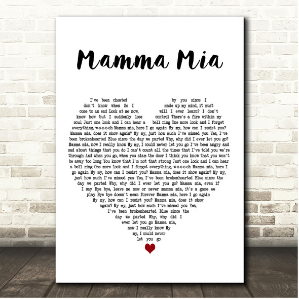 ABBA Mamma Mia White Heart Song Lyric Print