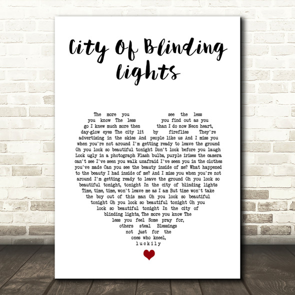 U2 City Of Blinding Lights White Heart Song Lyric Wall Art Print